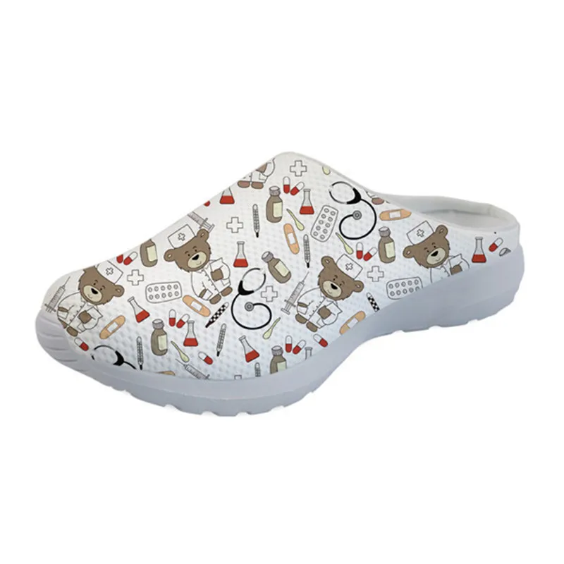 

POD Casual Girls Summer Cute Cartoon Bear Nurse Doctors Printed Lightweight Beach Slippers Women's Sandal with Flats, Customized color