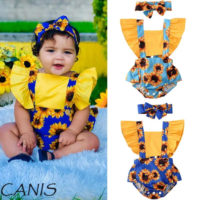 

2PCS Newborn Baby Kids Girl Sunflower Romper Jumpsuits+Headband Outfit Set Clothes Summer, As picture