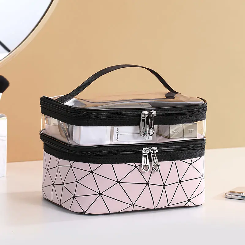 

OMG custom Large Capacity double layer transparent Waterproof pvc travel women makeup cosmetic bag with zipper