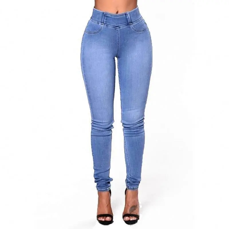 

Wholesale Custom Women High Waist Solid Color Elastic Stretch Jeans Trousers Women Pencil Pants Skinny Denim Pants Jeans