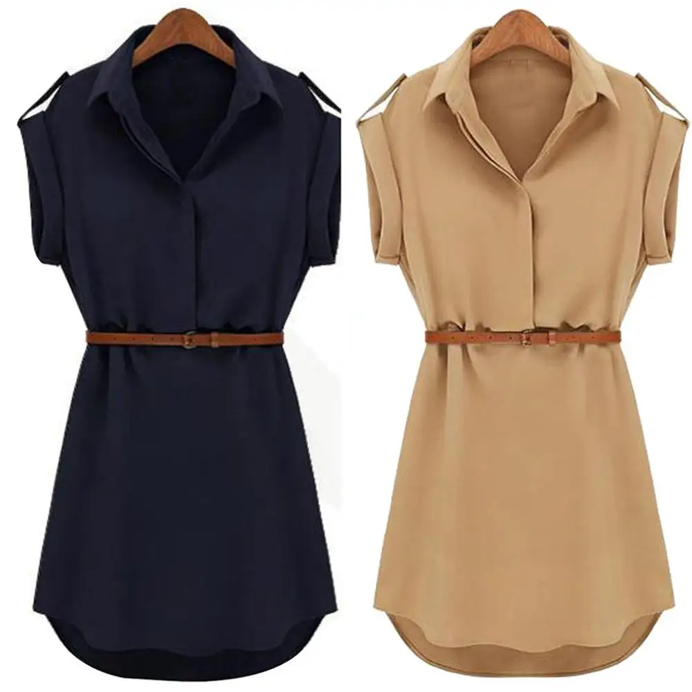 

Women Casual Summer Shirt Dress Loose Short Sleeve Dress With Belt Turn Down Collar Dress Vestidos 15% off