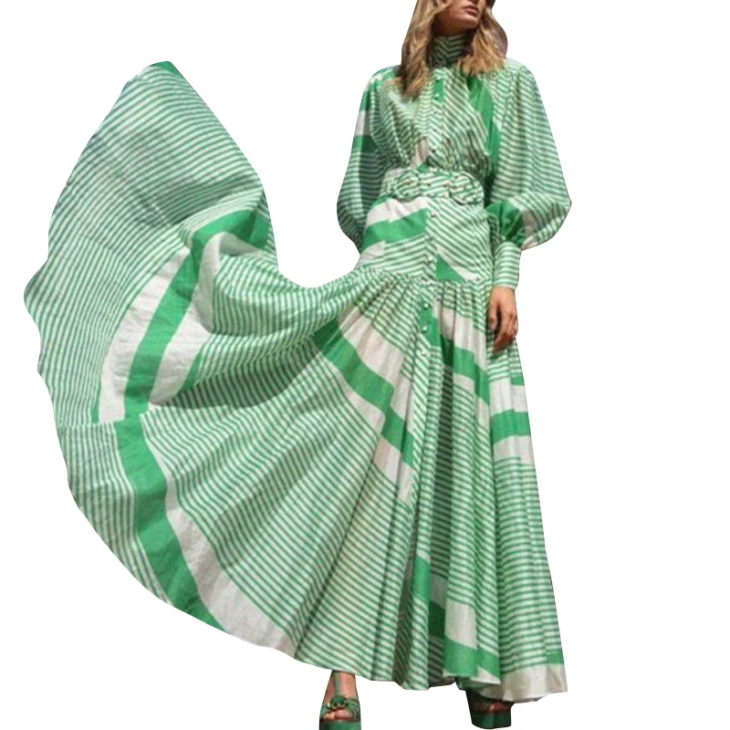 

CHICEVER Green Striped Dresses Stand Collar Lantern Sleeve High Waist With Sashes Women Maxi Dress