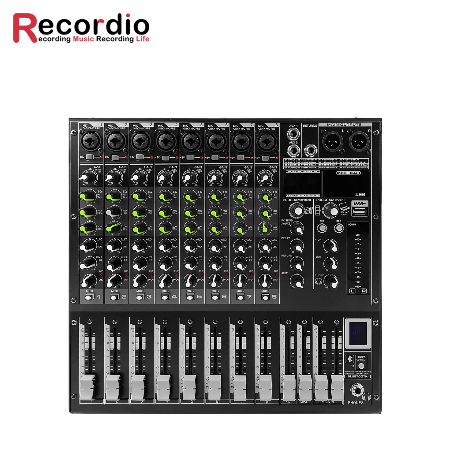 

GAX-M8 Pro 8 Channel DJ Audio Mixer with 16 DSP Reverb effect BT 5.0 USB Mixer USB for karaoke PC recording Microphones