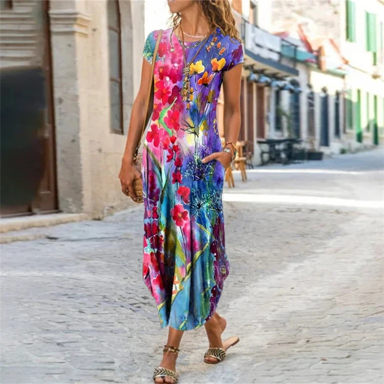

DUODUOCOLOR Trend short sleeve printed casual 2021 women clothing maxi dress with pockets the new fashion D97643