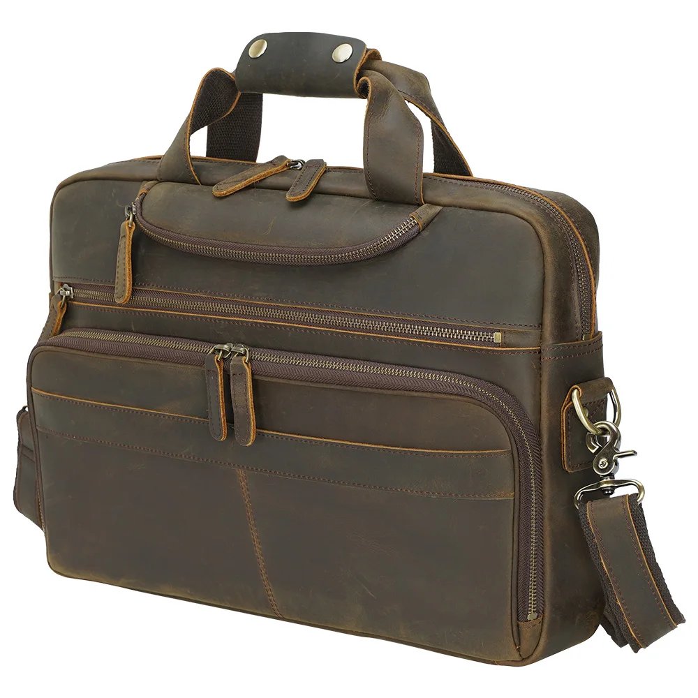 

TIDING New Arrival Vintage Crazy Horse Leather 14 inch Briefcase Handmade Full Grain Laptop Shoulder Messenger Bag for Male