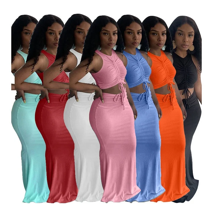 

RX-YT3278 New stylish casual elegant ladies outfits knit skirts sets women pleated two piece maxi skirt set, As picture shows or customized color