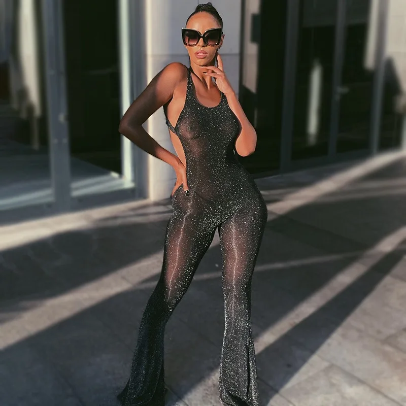 

2020 new High Quality women Sexy black sleeveless wide leg evening sequin Transparent jumpsuit, Picture