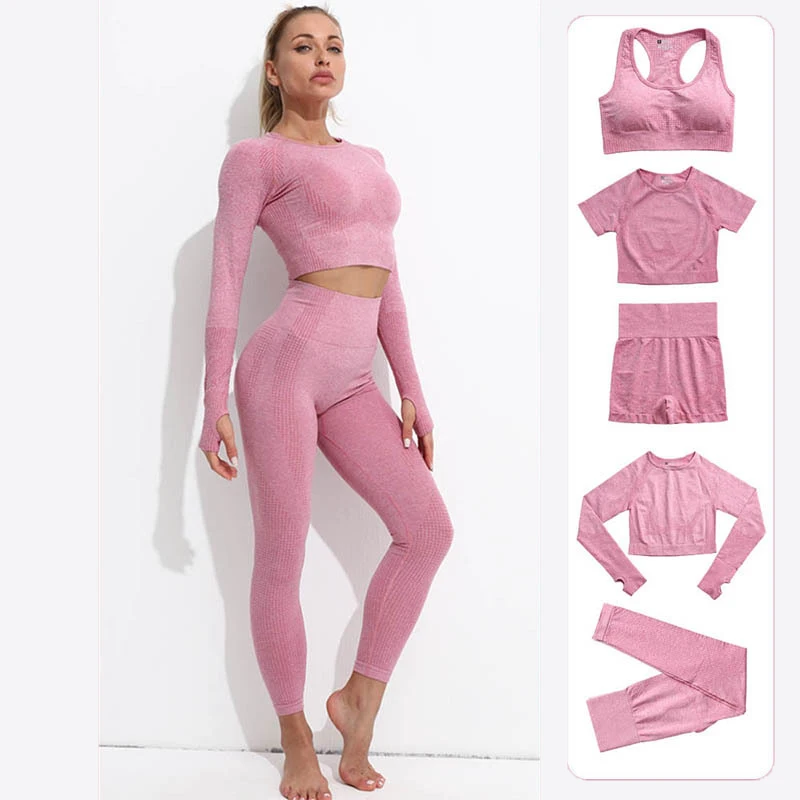 

Seamless 5 PCS Long Sleeve Yoga Set for Women Wholesale Fleece Active Wear Yoga Sets Fitness, Khaki, black,purple pink