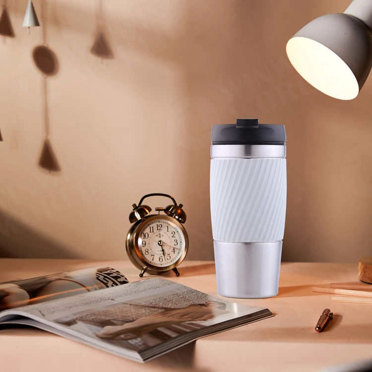 New design thermos stainless steel coffee travel mug with non-slip silicone sleeve&leakproof lid, vacuum mug for coffee&tea