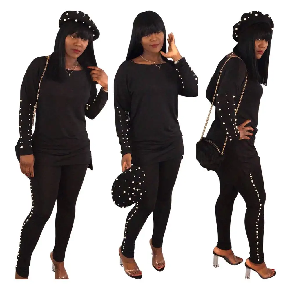 

Two PC Set Women Clothing Sweatsuit Set Clothes for Women Winter Pearl Studded Outfit 2 Piece Sweat Long Sleeve Set RS00063