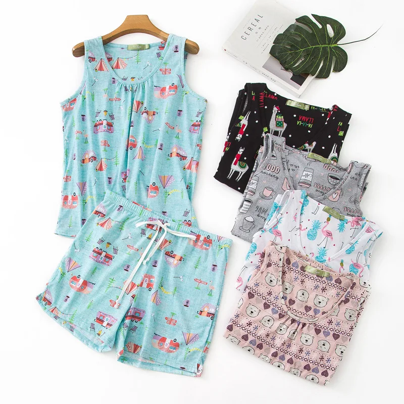 

New Arrivals 2020 Summer Sleeveless Cute Cartoon Pattern Pajamas Women Short Sleepwear Sets Clothing Wholesale