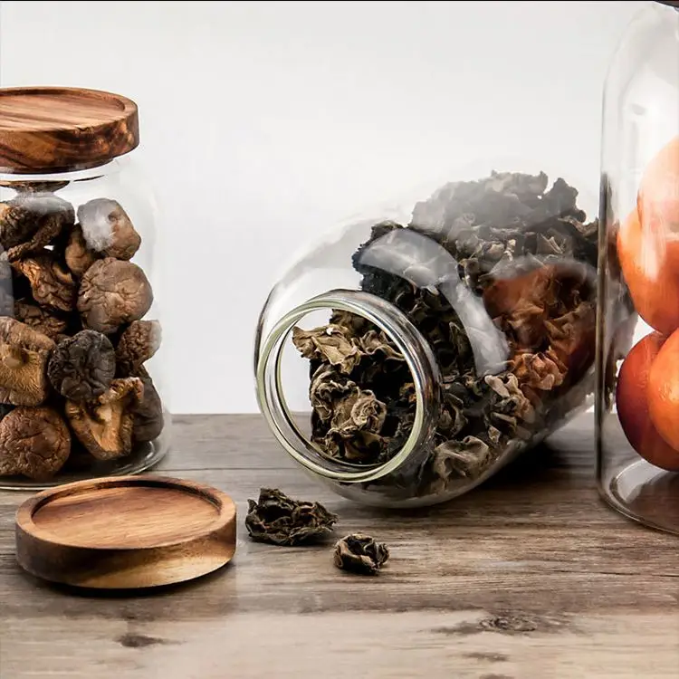 

Heat-Resistant Hand Made Mouth Blown Glass Jars Kitchen Storage Wide Mouth Glass Jar Containers With Wooden Lid, Clear