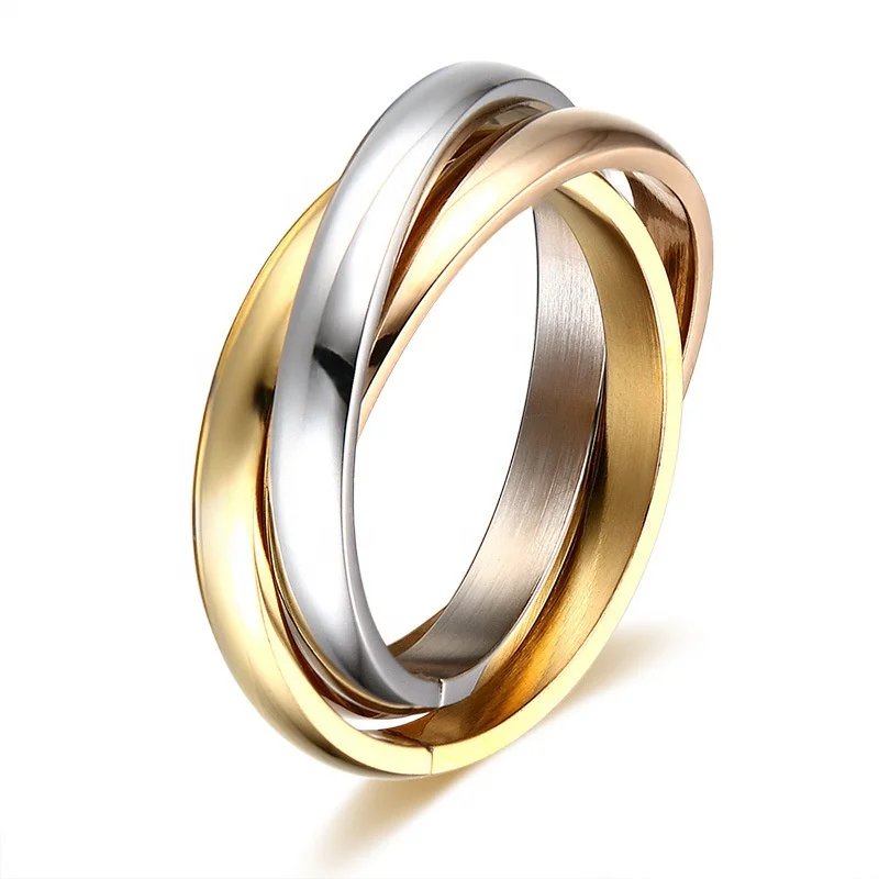 Women's Stainless Steel Pvd Plated Gold Silver Rose Triple Band Interlocked Rolling Ring Spinner Fidget Ring
