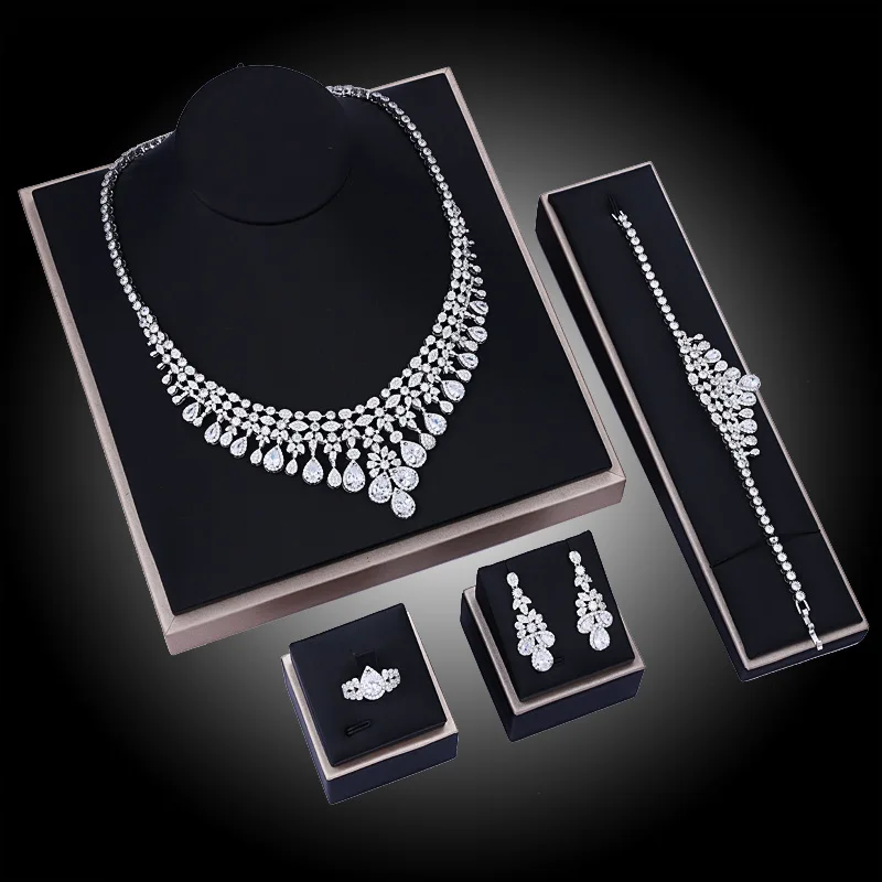 

Popular Luxury Exquisite Prom Women Cubic Zirconia necklace Earrings Charm Pageant Jewelry Set, Silver