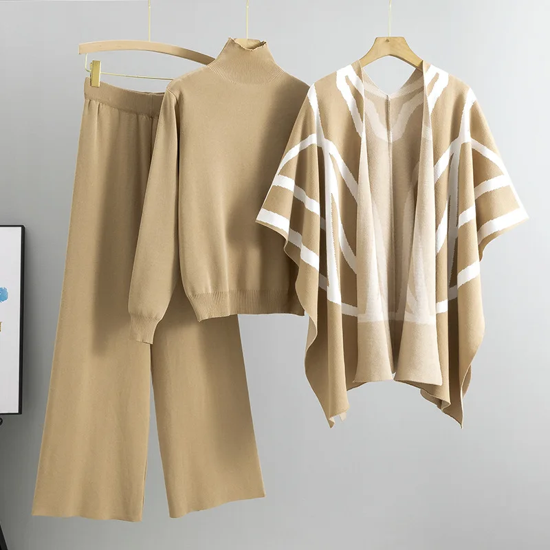 Boutique Wholesale 2026 Summer New Style Temperament Socialite Lazy Style Knitted Sweater Shawl Cape Wide Leg Pants Women's Set