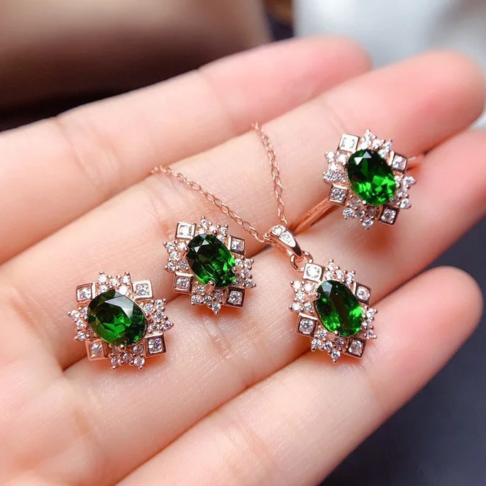 

14k 18K rose gold plated emerald tourmaline rings female pendant necklace earring set customizable material gold filled jewelry