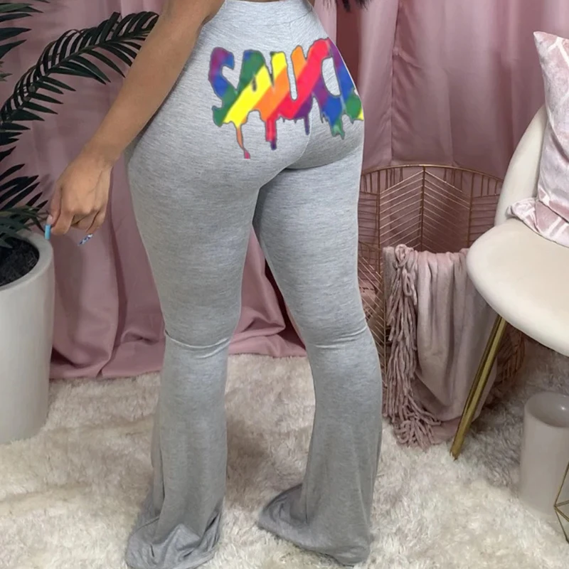 

Fashion Colorful Letter Printed Flared Pants Women High Waist Skinny Long Trousers Female Autumn Winter Pants Bottoms