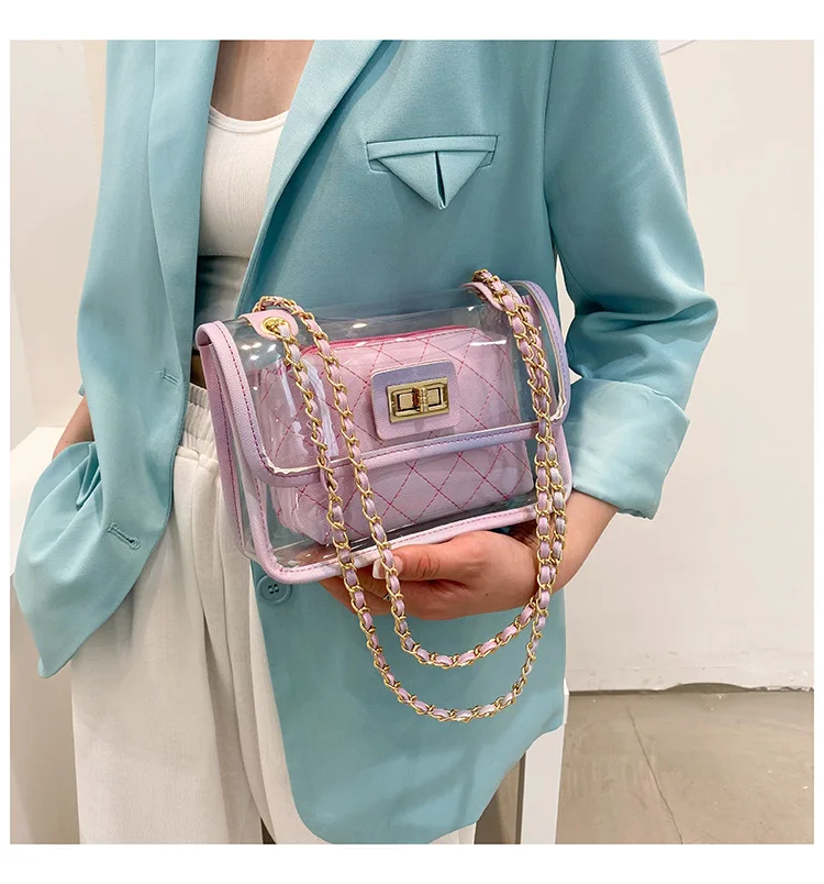 

Transparent Ladies Cross body Bag Phone Handbag INS chain messenger bags Clear Stadium Approved Purse, Black,pink,blue