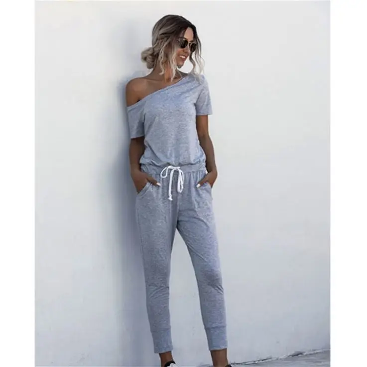 

Good Quality Short Sleeve Womens Jumpsuits Sexy Pocket Rompers Elastic Waist Off Shoulder Jumpsuit Sportswear