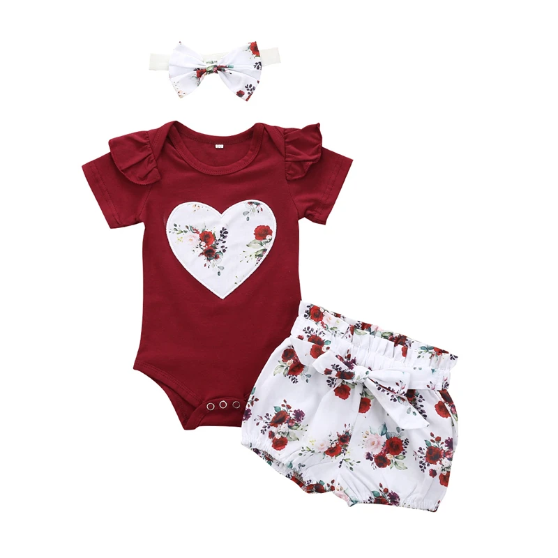 

Cotton date red embroidered love hakama floral belt small shorts headdress toddler clothing baby short rompers