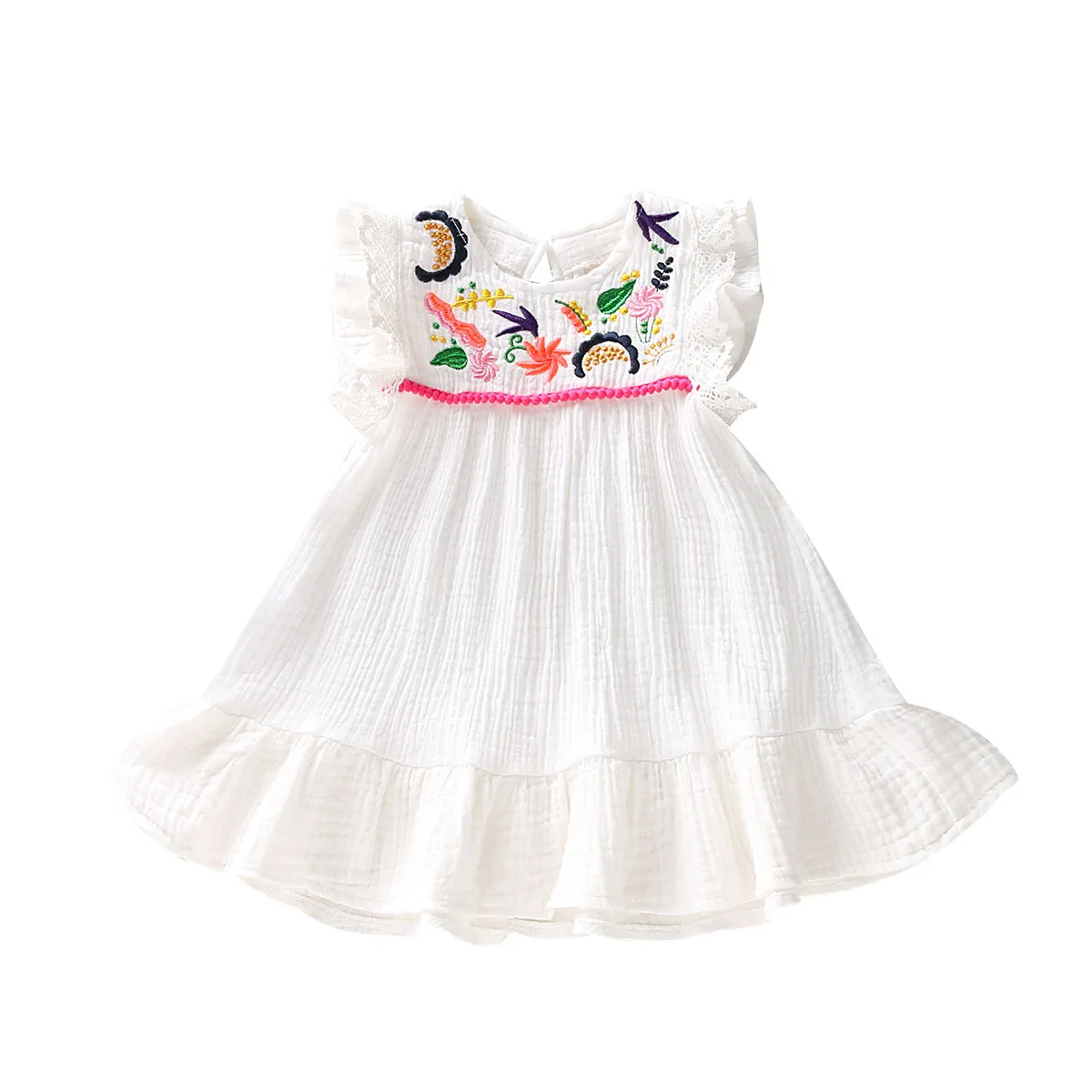 

Sleeveless Cotton and Linen Embroidery Summer Baby Girl Dresses, White