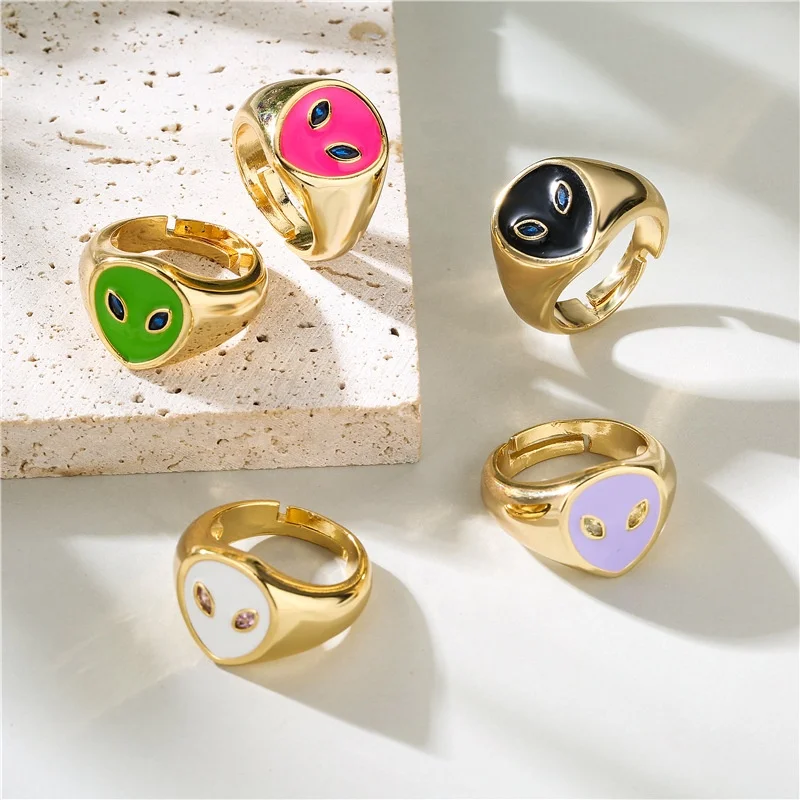 

Fashion Funny Y2k Jewelry Geometric Colorful Enamel Alien Face 18k Gold Plated Brass Cz Open Rings Adjustable For Women