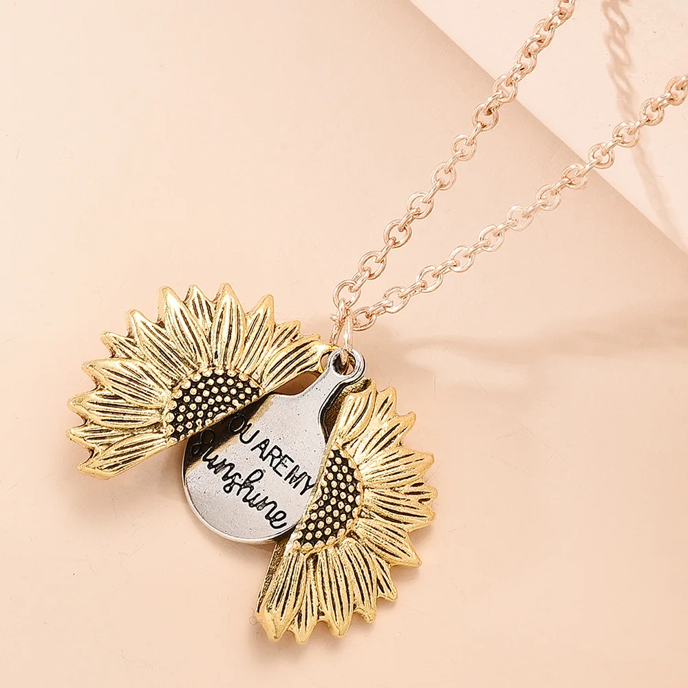 

Bohemia Sunflower Double-layer Metal Pendant Locket Necklace Open Long Chain Sunflower Necklace You Are My Sunshine Necklace, As picture showed