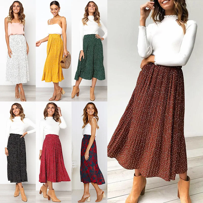 

White Dots Floral Print Pleated Midi Skirt Women Elastic High Waist Side Pockets Skirts Summer 2019 Elegant Female Bottom