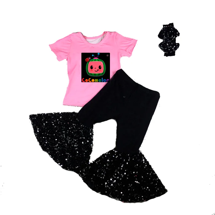 

customize kids clothes girls pin cocomelon outfit designer baby lovely black shiny sequin bottoms sets hot sale, Pic