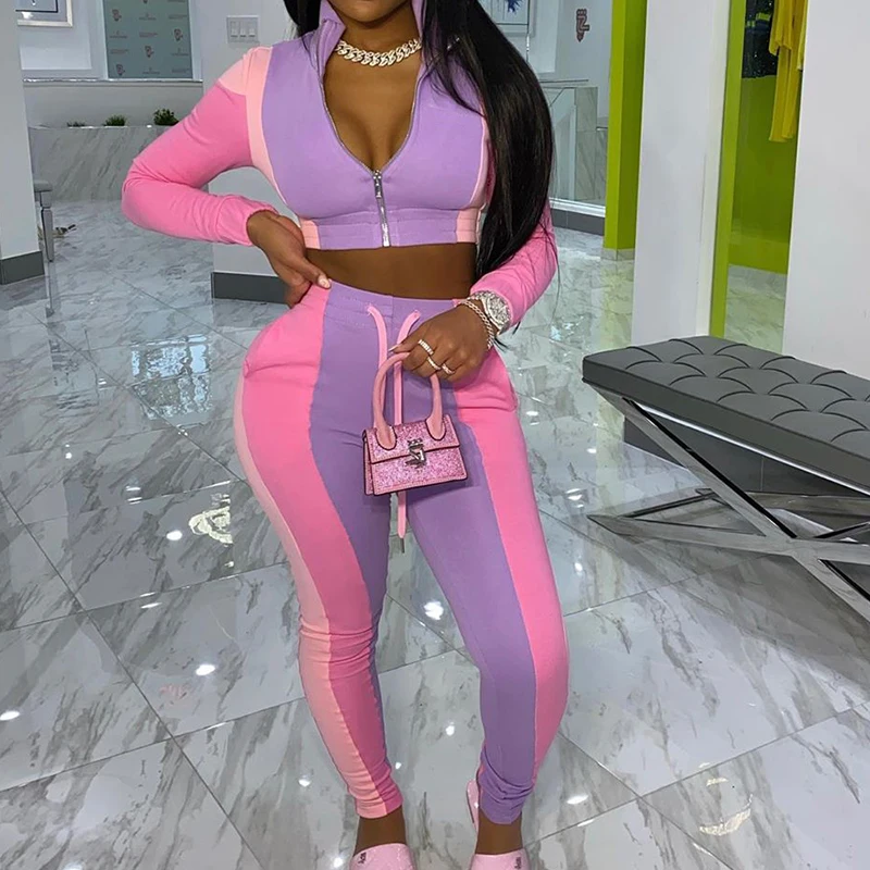 

2021 New Arrivals Hot Sale Women 2 Piece Set Patchwork Drawstring Yoga Pants Crop Top and Pants Set