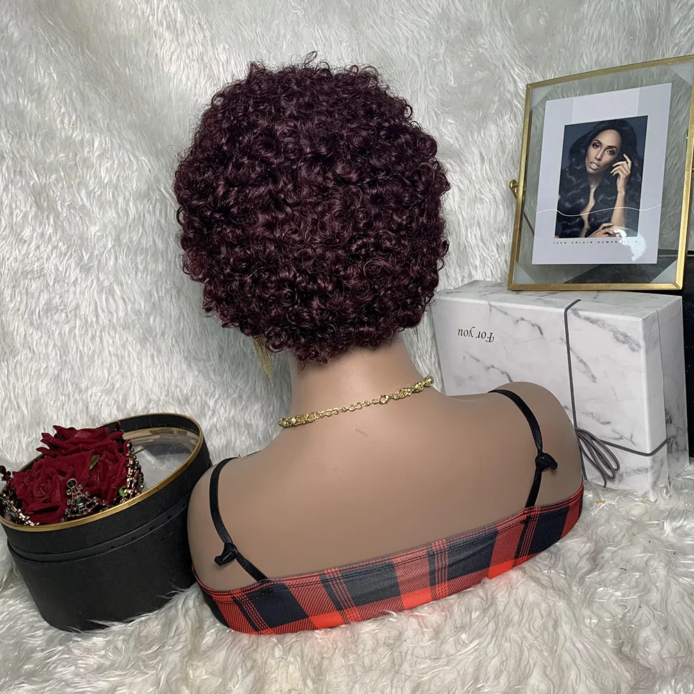 

Pixie Cut Short Water Wave Curly 99j# Honey Blonde Ombre Color Wig Virgin Human Hair without lace