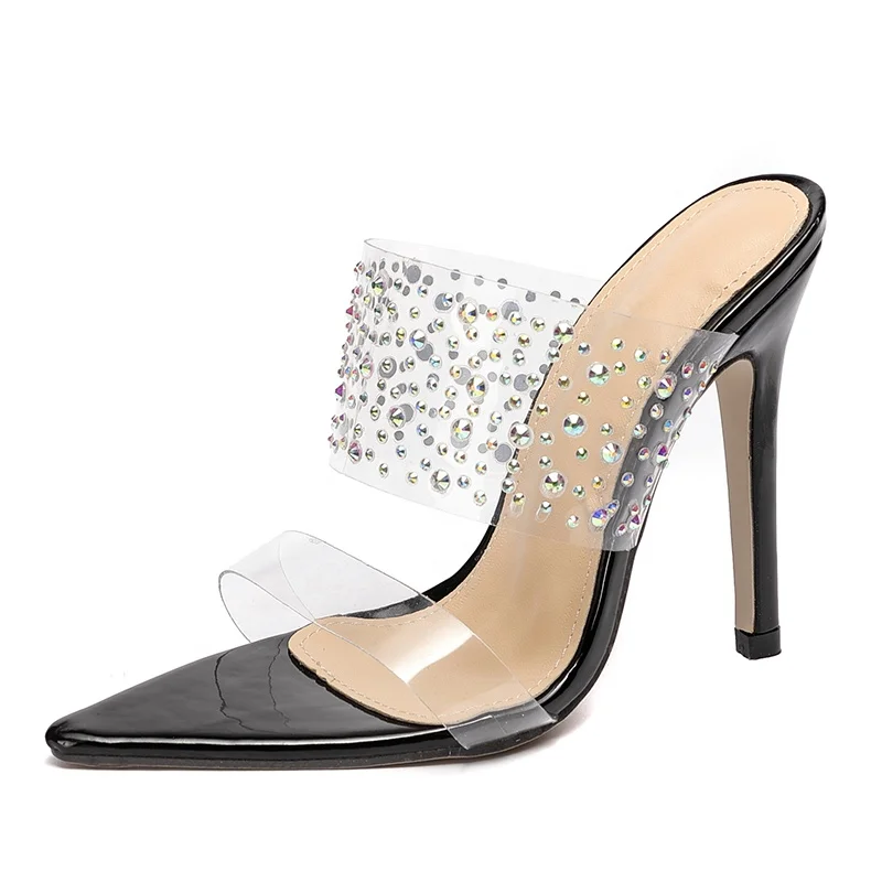 

Women's PVC Crystal Diamonds Slippers High Heel Open Pointed toe Pumps Shoes Stiletto Sandals, Black beige