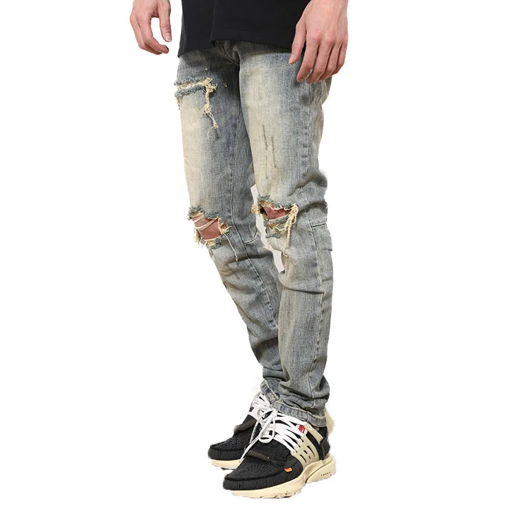 

European and American high street street style ripped jeans Heavy wash yellowish blue stretch slim-fit denim trousers