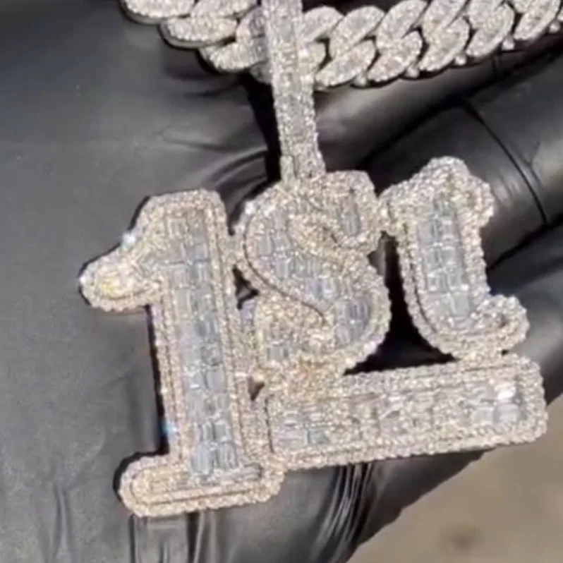 

Fine Jewelry Round and Baguette Moissanite Diamond Iced Out Sterling Silver Cuban Chain Letter Custom Pendant