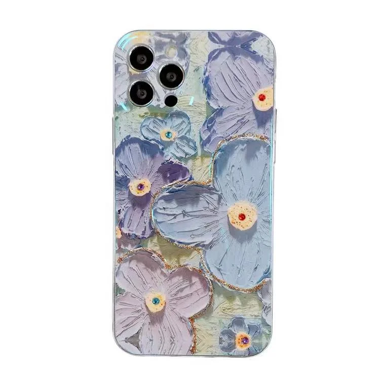 

3D Painting Purple Flowers Phone Case For iPhone 13 12 11 Pro Max Mini XR XS Max X 8 7 Plus Shockproof Soft Coque Cases