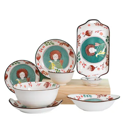 

Hot Selling Japanese Creative Ceramic Bone China Simple Cartoon Girl's Baking Plate With Lid Dinnerware Sets Bowl Soup Bowl Set