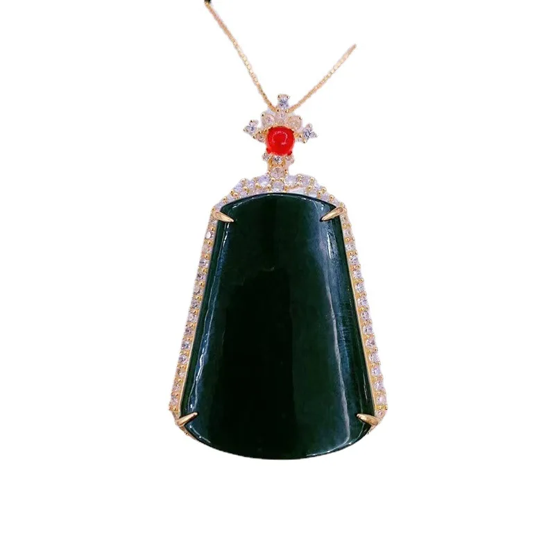 

Certified S925 Style Silver Inlay Natural Hetian Dark Jade Pendant Fashion Red Treasure Lucky Necklace Pendant Wholesale