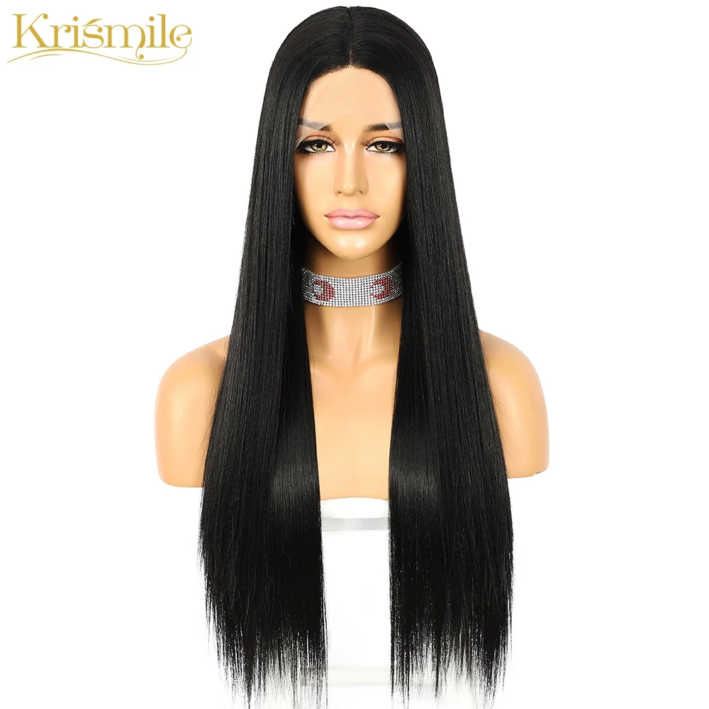 

Synthetic Wig Futura Fiber T-part Lace Long Straight Black Color for Women Daily Use High Temperature Cosplay, Same as picture shown