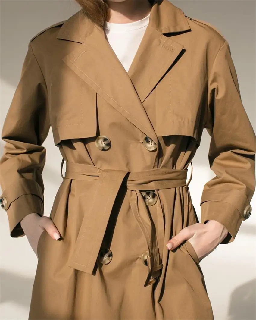 

2021 Fall Fashion Commuter Women Cothing Streetwear Jacket With Waist Belt Plain Long Windbreaker Jackets Trench Coats