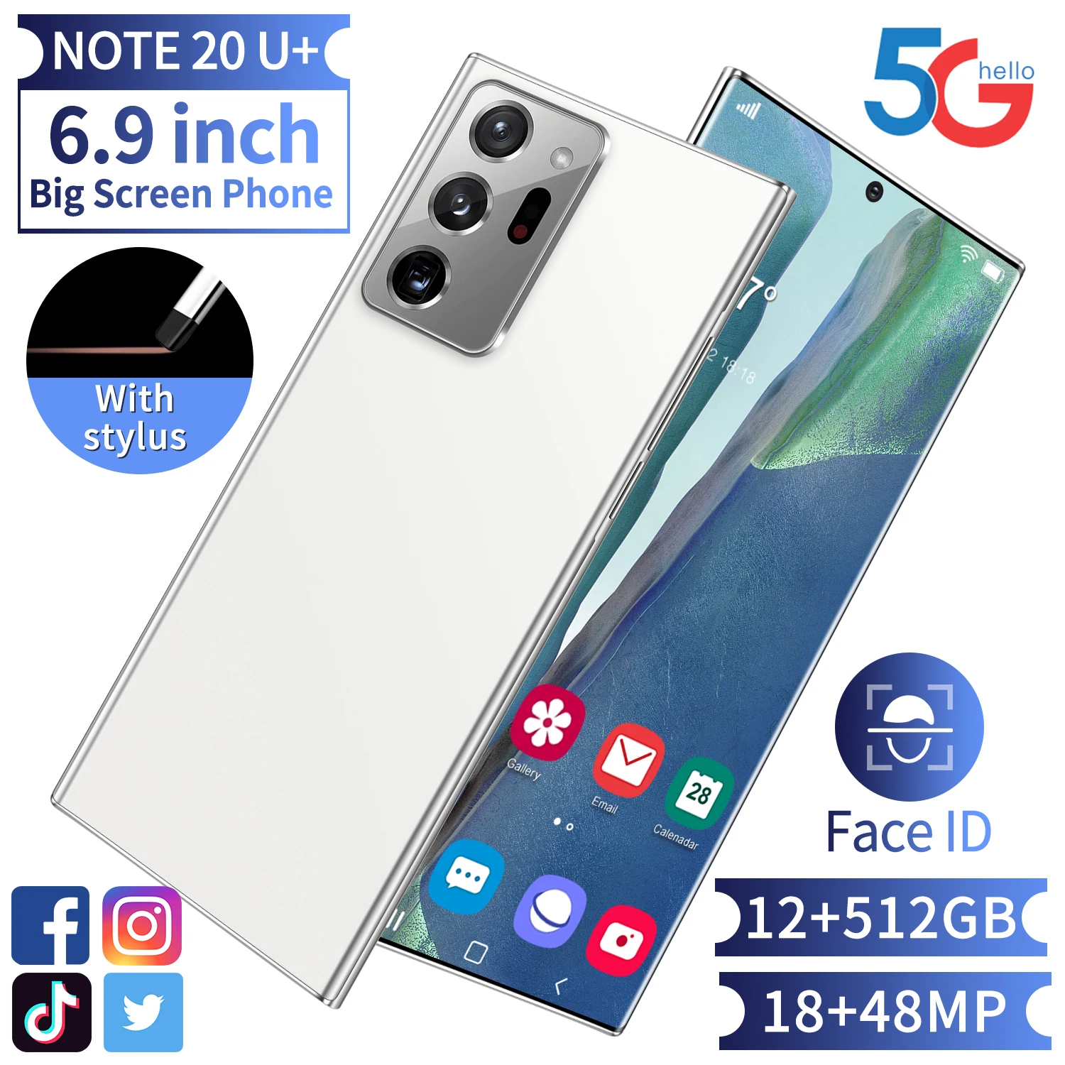 

4G 5G Note20U+MTK6889 10core 6.9" HD 1440*3088 12GB+512GB Ok for all country Face Access 18MP+48MP 5000mah Android10 Smartphone