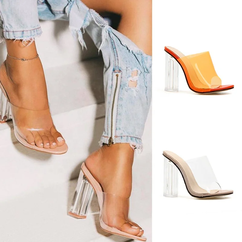 

drop shipping toe clear transparent thick high heels slipper for ladies women