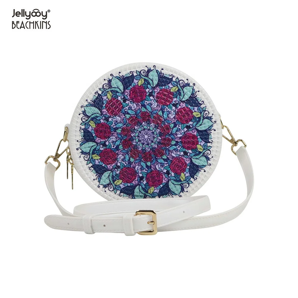 

Jellyooy BEACHKINS Matte PVC Jelly Rattan Bag Floral Flower Print INS Girl Rattan Beach Bags Colorful Jelly Woven Round Bag, 17 colors, accept make new color