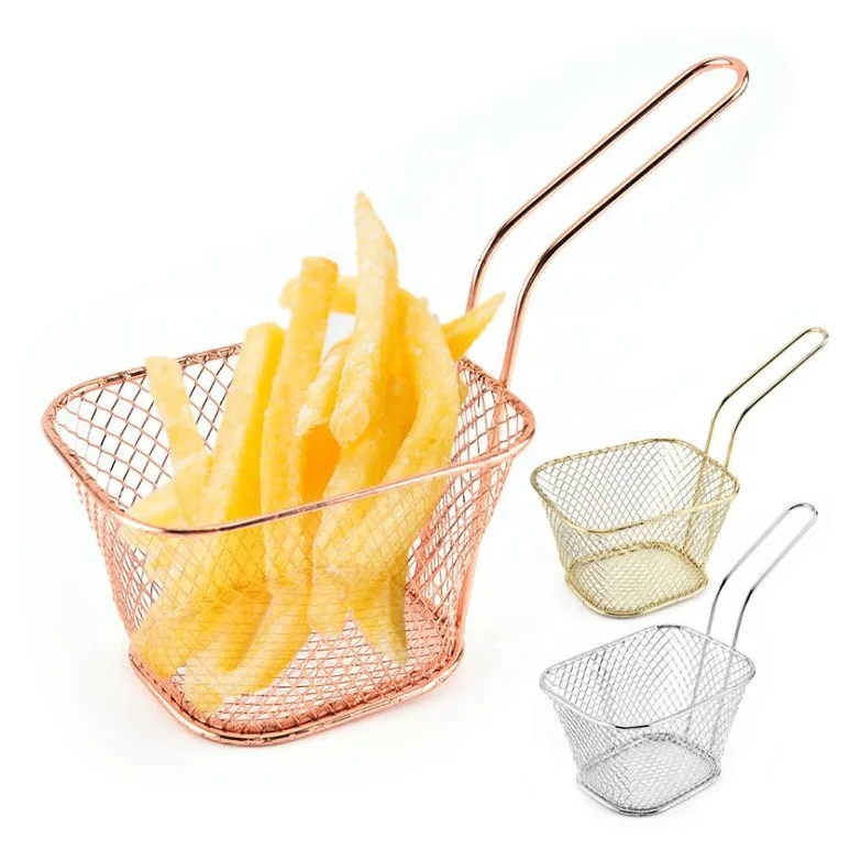 

Kitchen stainless steel fry basket Gold/Rose Gold Color Mini French Fries Basket For Fried Chip