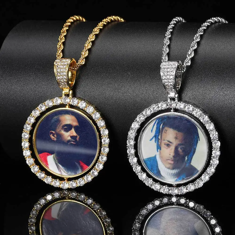 

Custom Iced Crystal CZ Photo Frame Memory Medallions Pendants Necklace Hip Hops Two Sides Rotatable Spinner Pendants Necklace