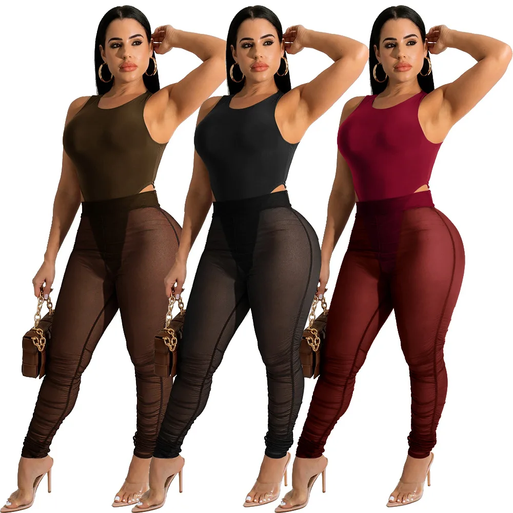 

H9345 - sexy bodycon solid color sleeveless mesh bodysuit and pants two piece set womans