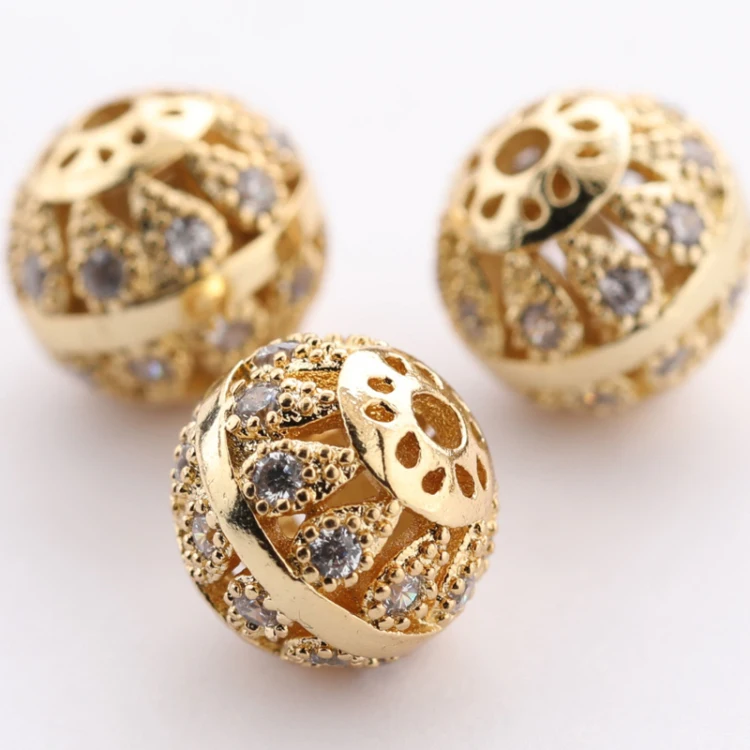 

Gold Plated Micro Pave Flower Engraved Metal Beads for Women Jewelry Making, Picture