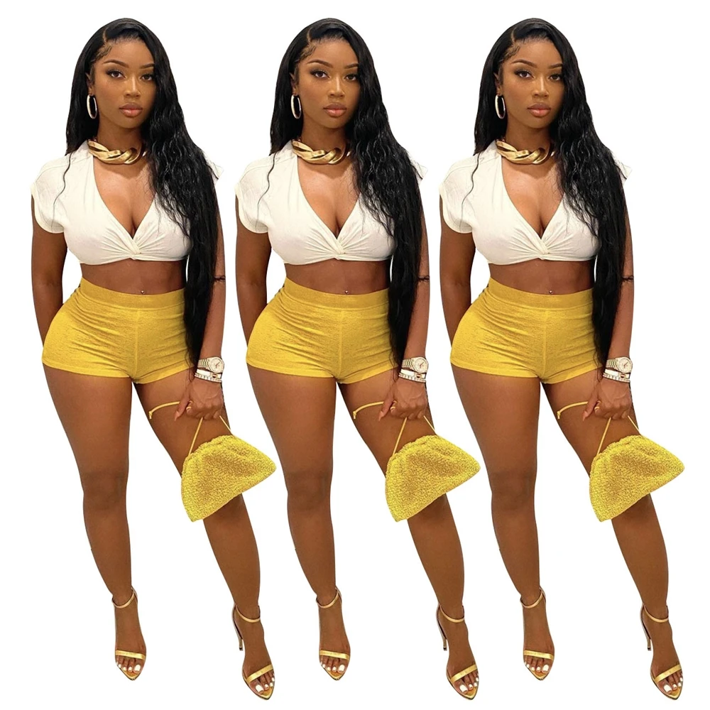 

Casual Sporty Women Crop top and Body shorts suits Deep v neck Skinny Out suits Solid Color Low-cup Two-piece Sets, Yellow