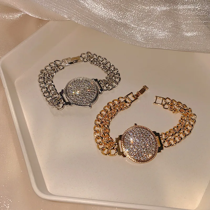 

Newest Arrival Double Layer Full Diamond Geometric Round Watch Bracelets Iced Out Crystal Rhinestone Link Chain Bracelet
