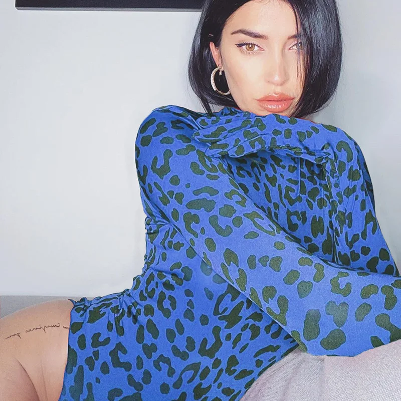 Long Sleeve High Neck Women Leopard Transgender Female Bodysuit Mujer With Glove