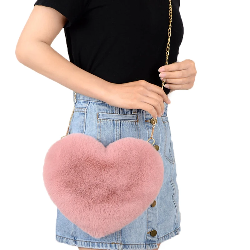 

Jtfur Manufacturer Fake Rex Rabbit Fur Heart Bag Peach Handbag Chain Fashion One Shoulder Diagonal Chain Women Purse, Customized color